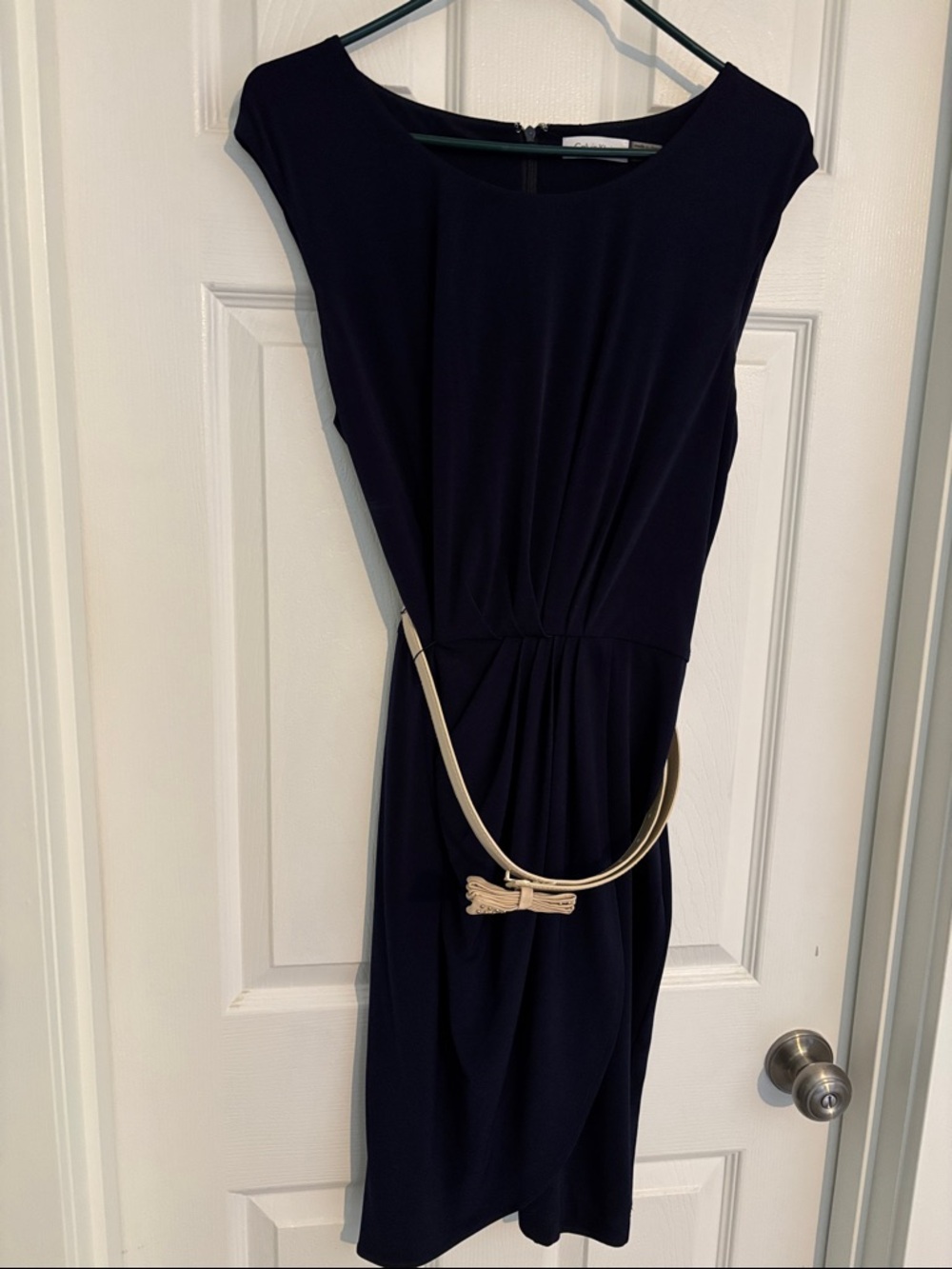 Calvin Klein Navy Faux Wrap Dress with Cream Belt